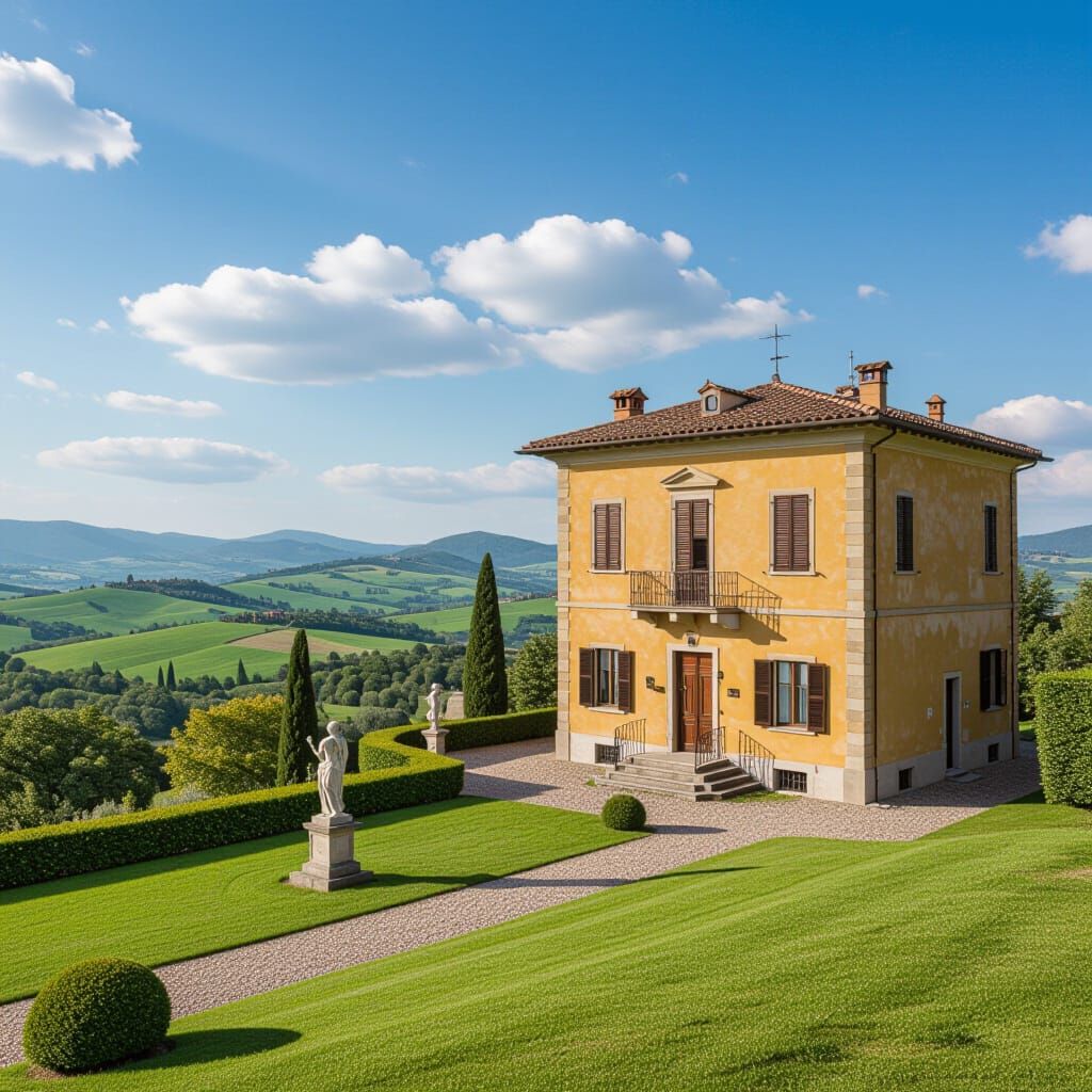 Liberty Villa Overlooking Tuscan Hills in Surreal Style