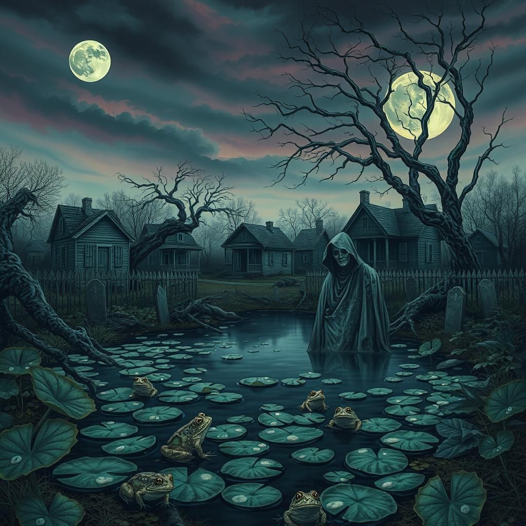 wide view, illustration of a Isolated Sinister Scenery, Graves, Houses, Ghost, Plants and Pond with Toads, Witchy hallow...