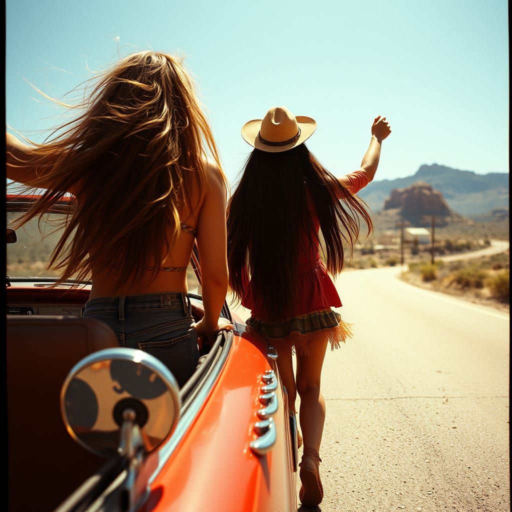 Hippie Girls Embracing Freedom on Desert Highway