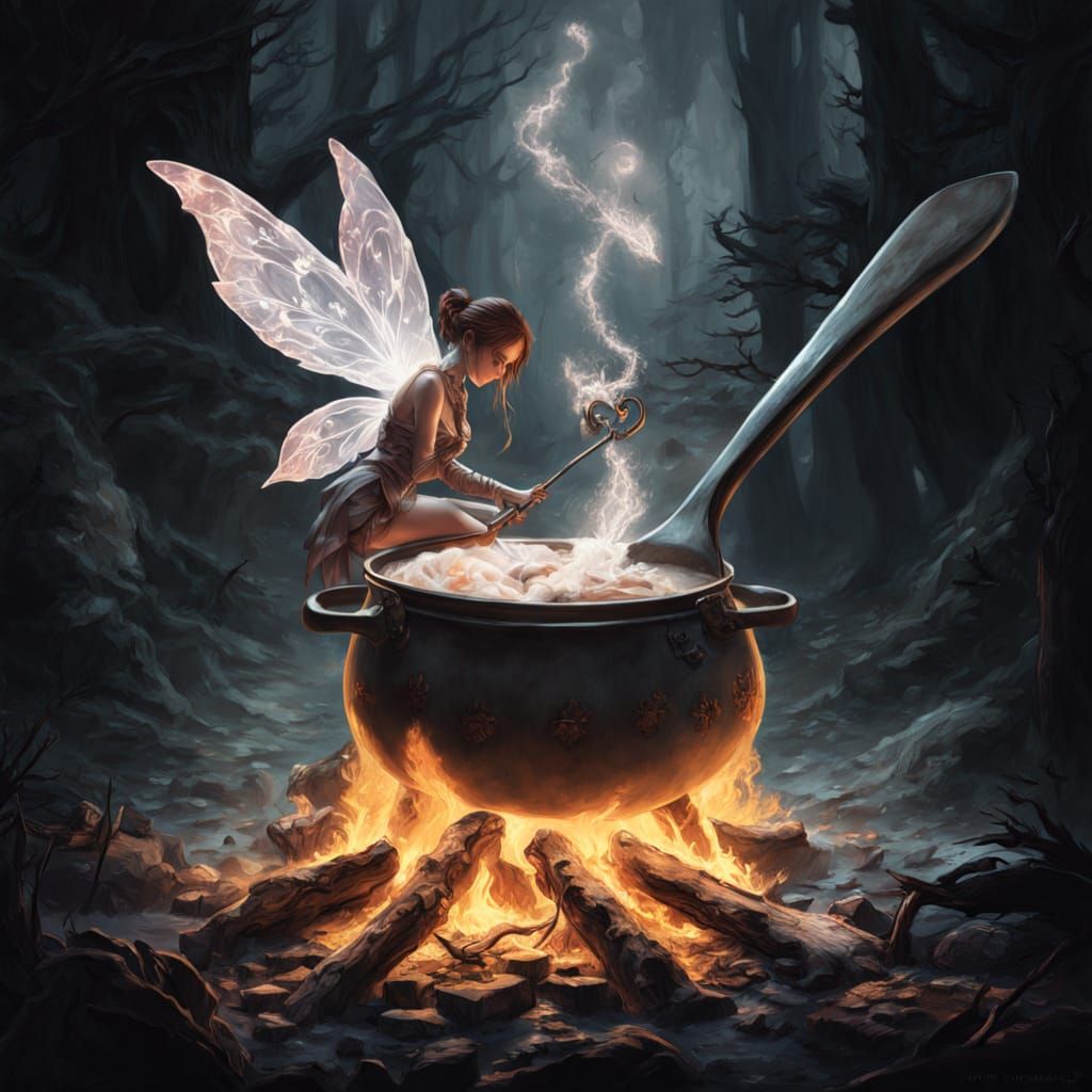 Tiny Fairy Cooking Porridge in Rustic Forest