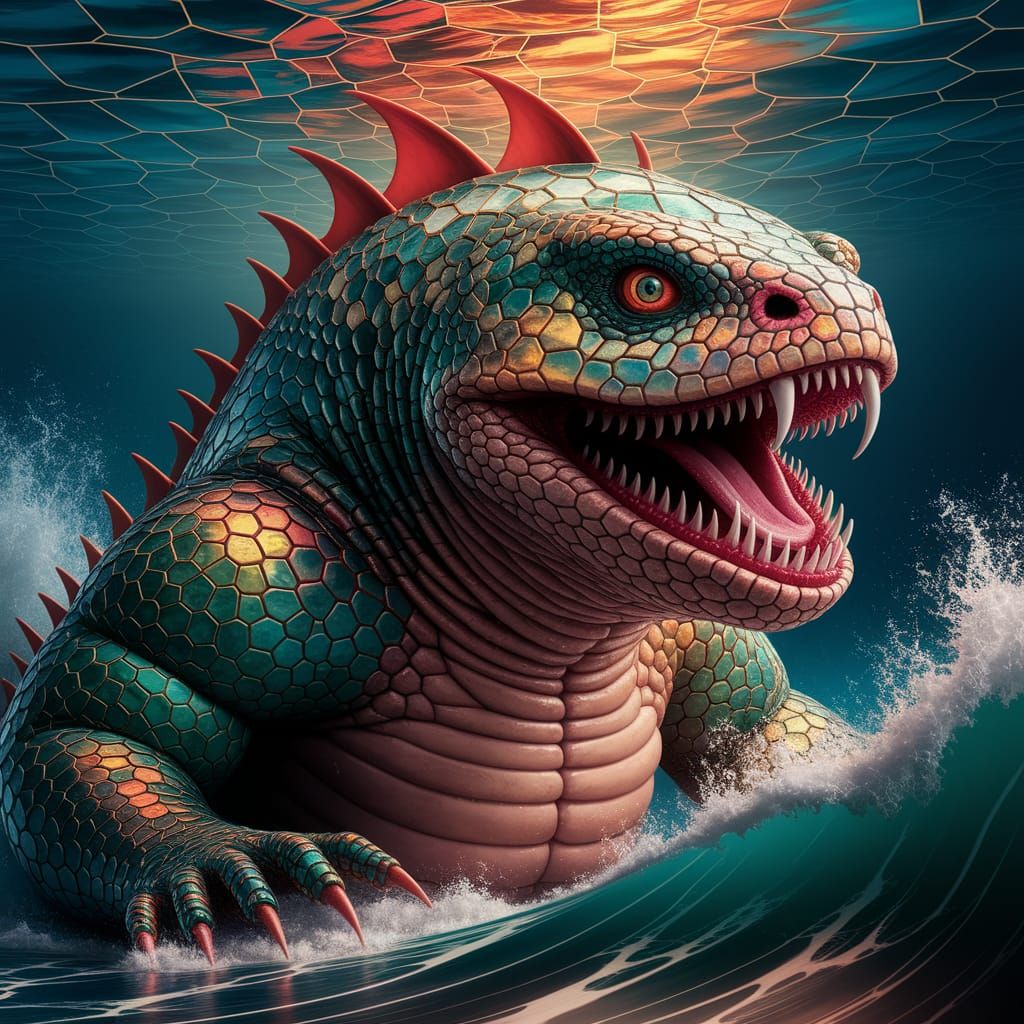 Monstrous Lizard-Snake Emerges from the Sea in Vibrant, Geom...