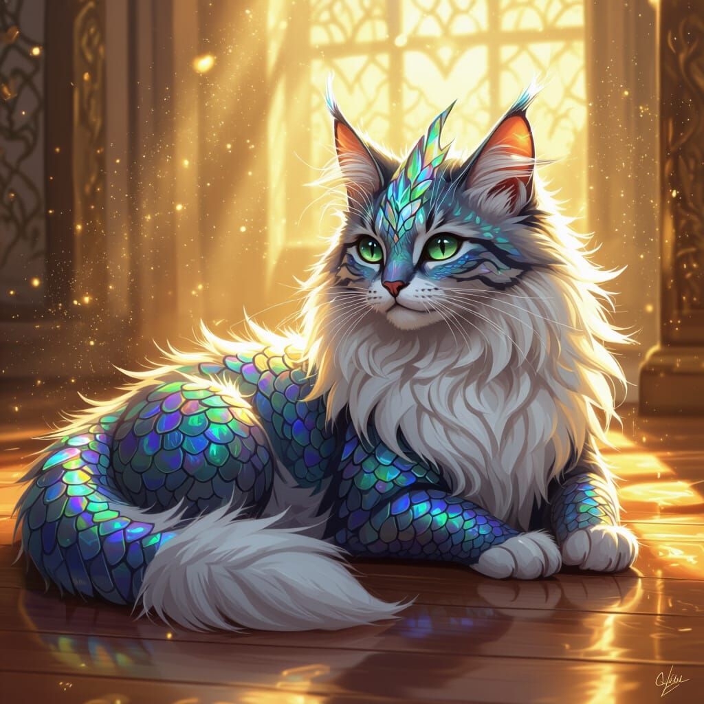 Iridescent Cat Dragon on Wooden Floor