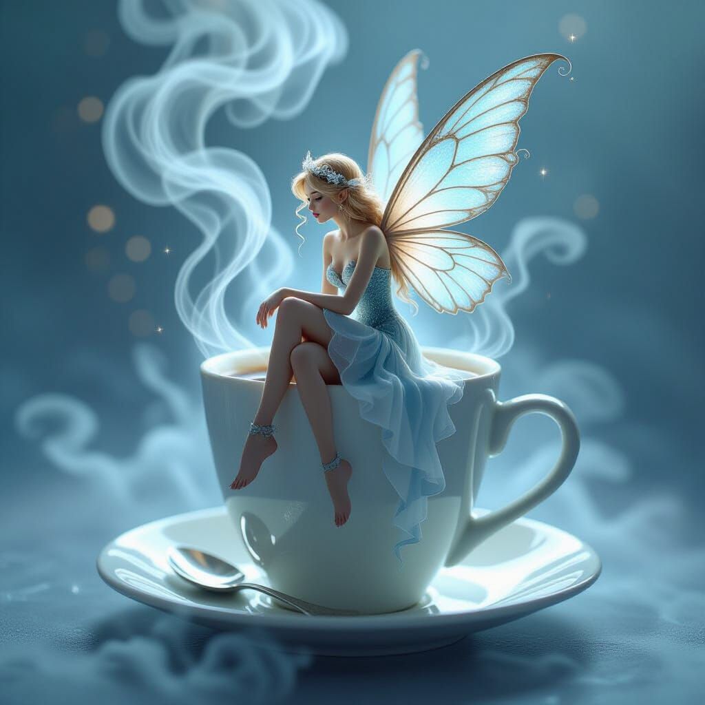 Ethereal Fairy on Steaming Coffee Cup in Hazy Clouds