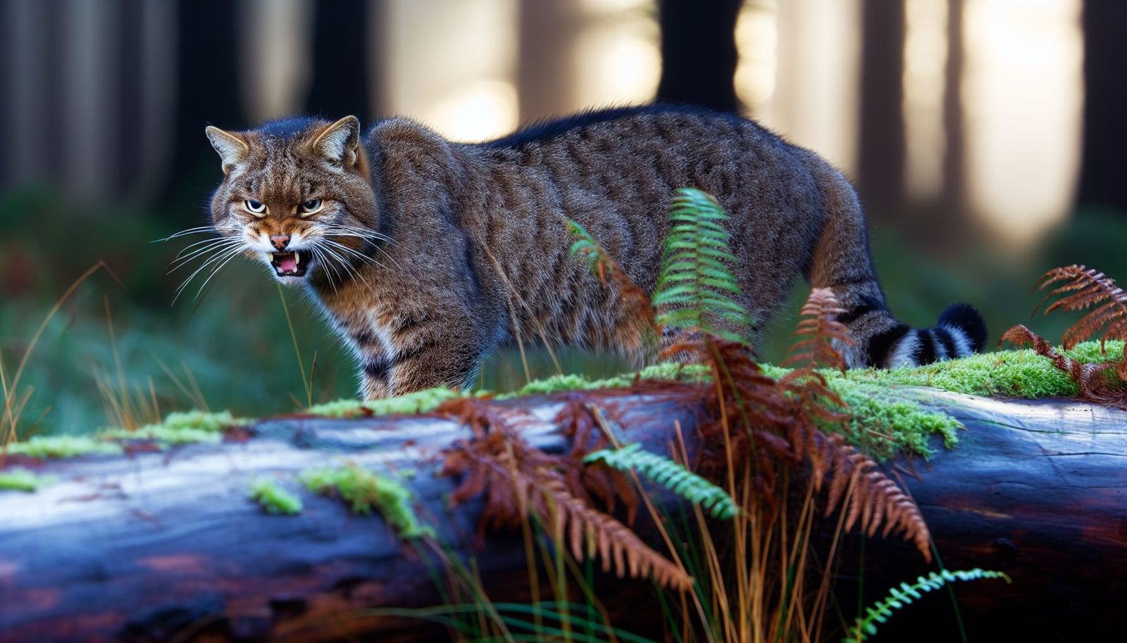Scottish Wildcat Snarling in Misty Dawn Woodland