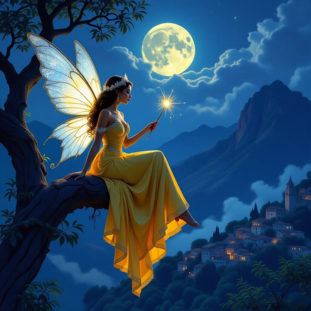 Hispanic Fairy Woman Overlooking Village in Art Nouveau Styl...