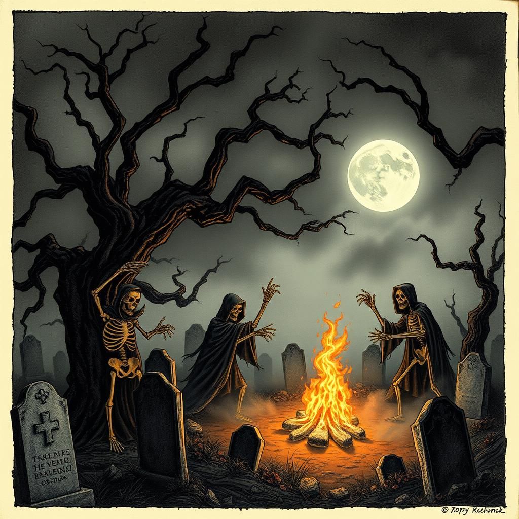 Moonlit Graveyard Dance in Gothic Etching Style