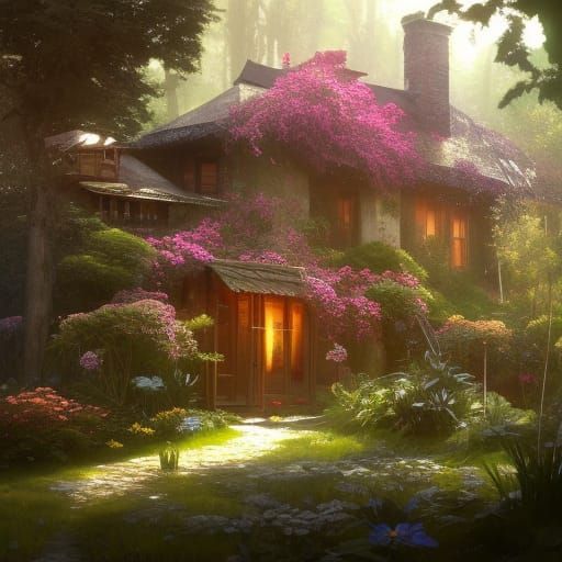 House in Forest Concept Art with Flowers
