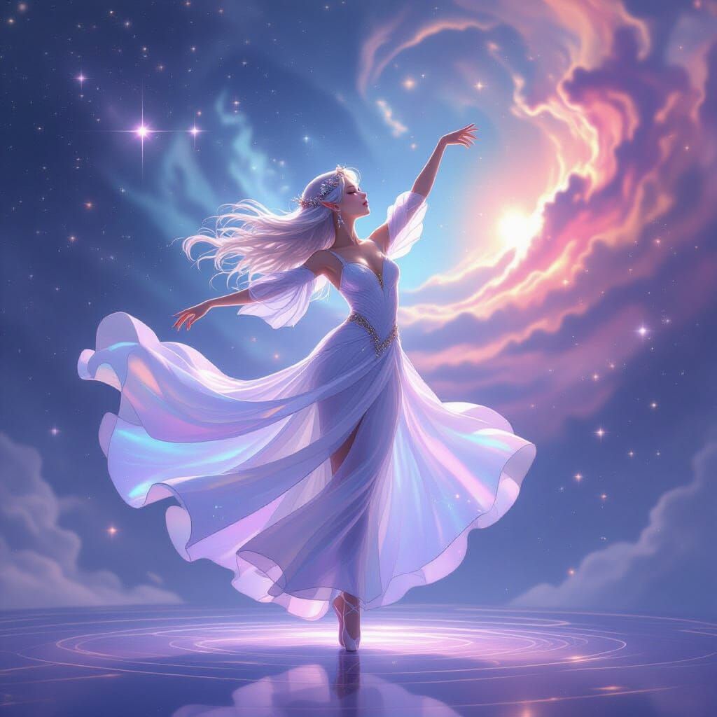 Ethereal Elven Dancer in Nebula, Painterly Anime Style