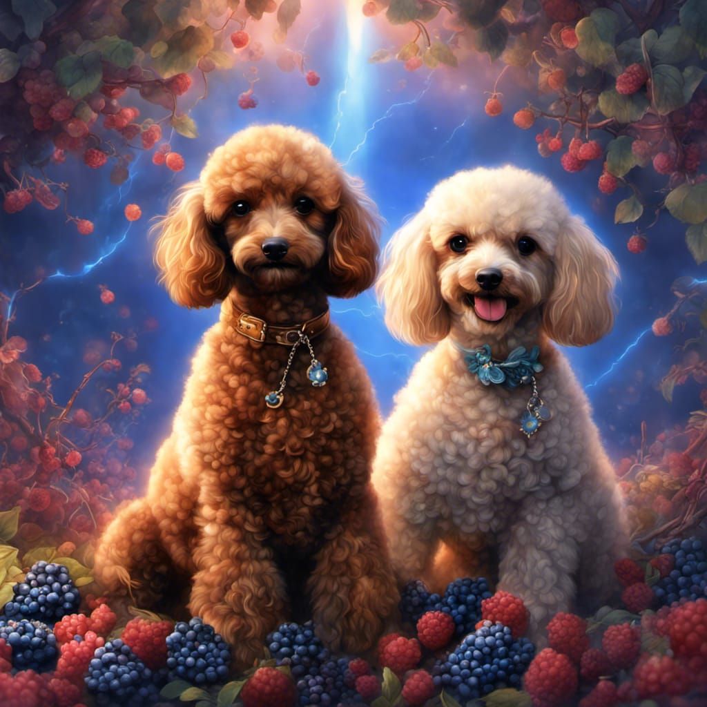 Babies and Puppy with Blueberries in Fantasy Style