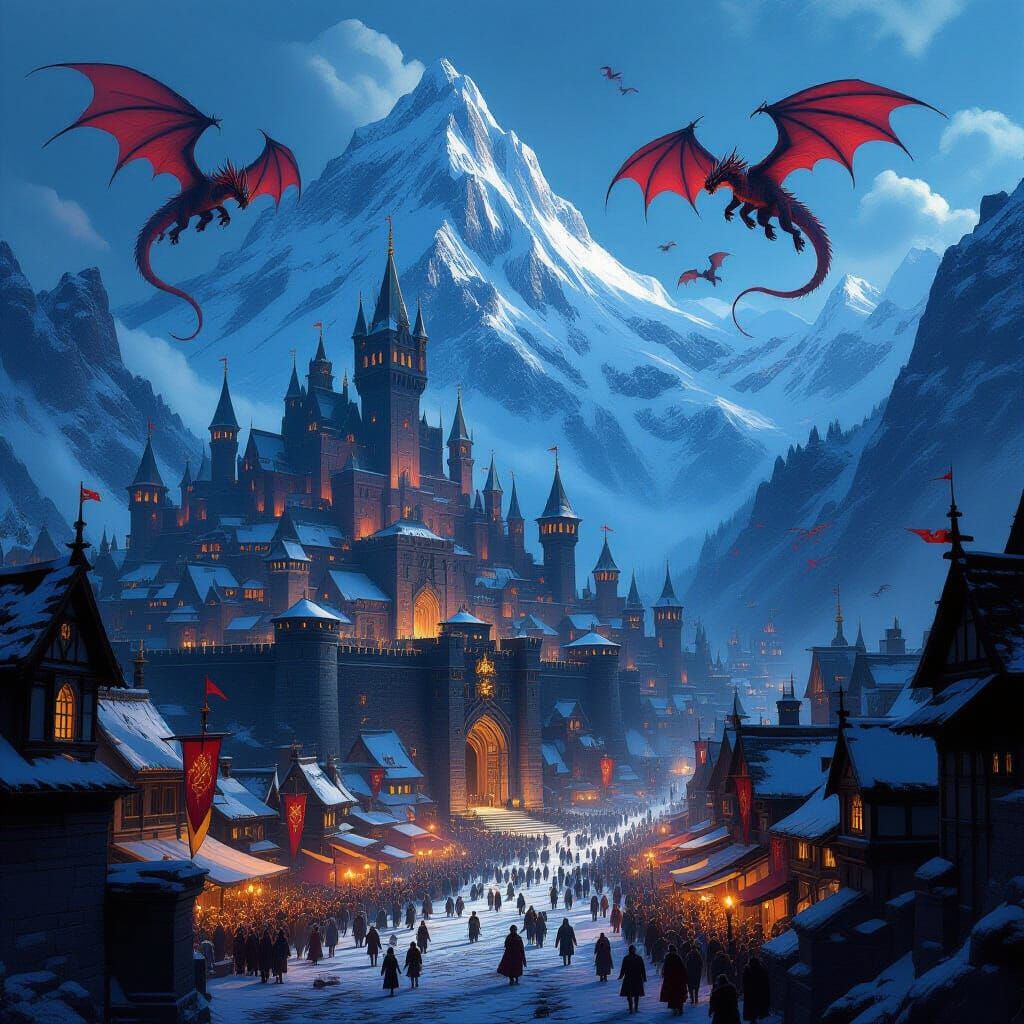 Epic Dark Fantasy City with Red Dragons and Mountain Festiva...