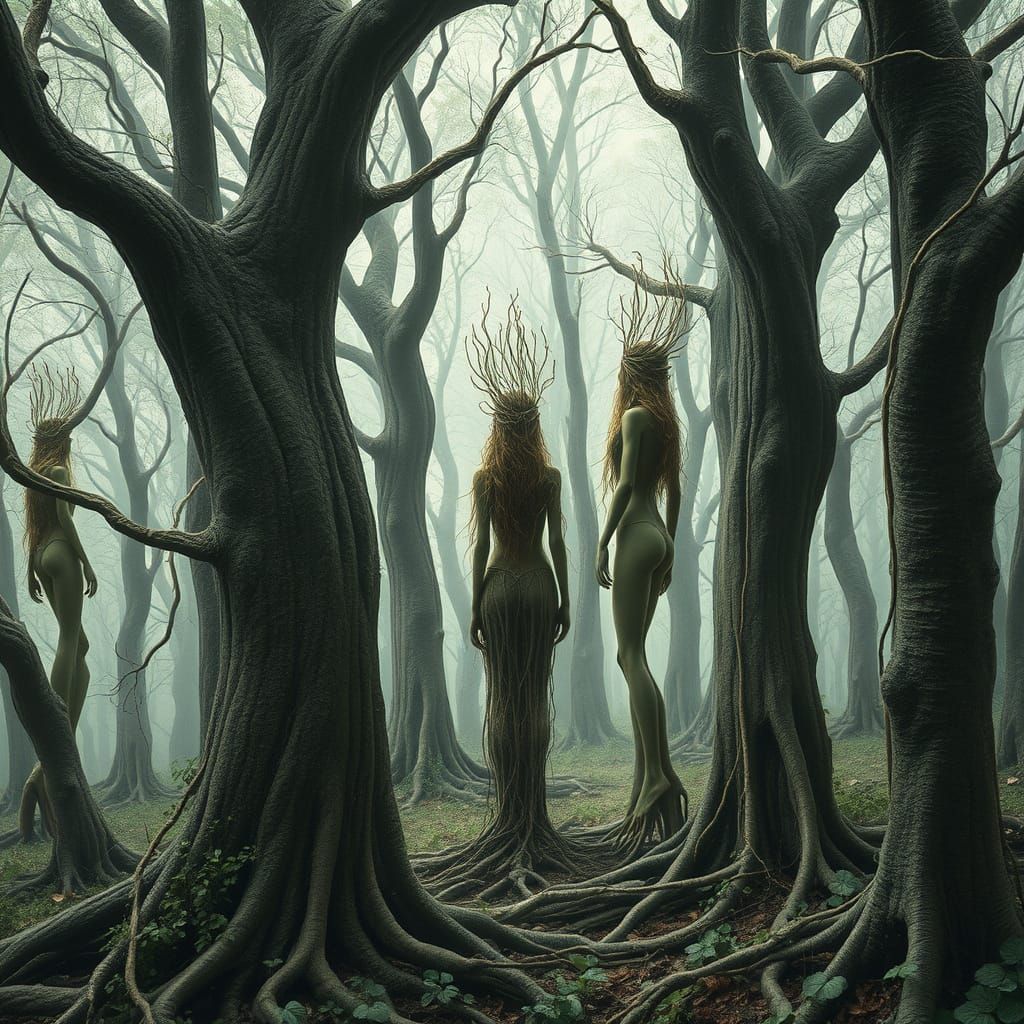 Tree Women in a Dreamlike Forest Landscape