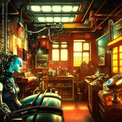 Cyberpunk Tattoo Parlor with Robotic Woman: Digital Art
