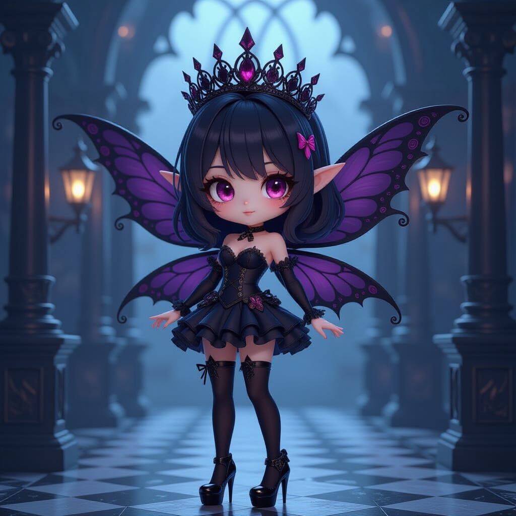 Chibi Dark Fairy Girl in Gothic Victorian Style