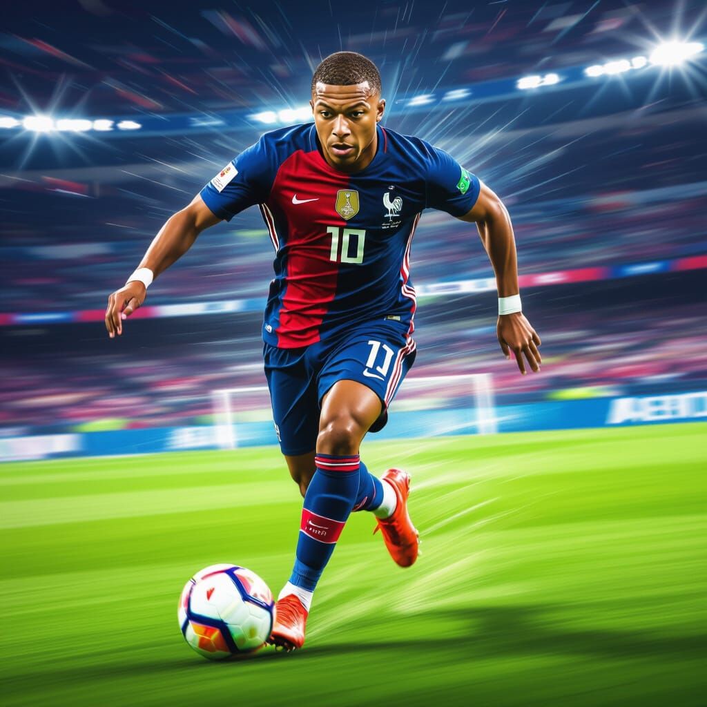 Mbappe Sprinting on Soccer Field as Digital Art