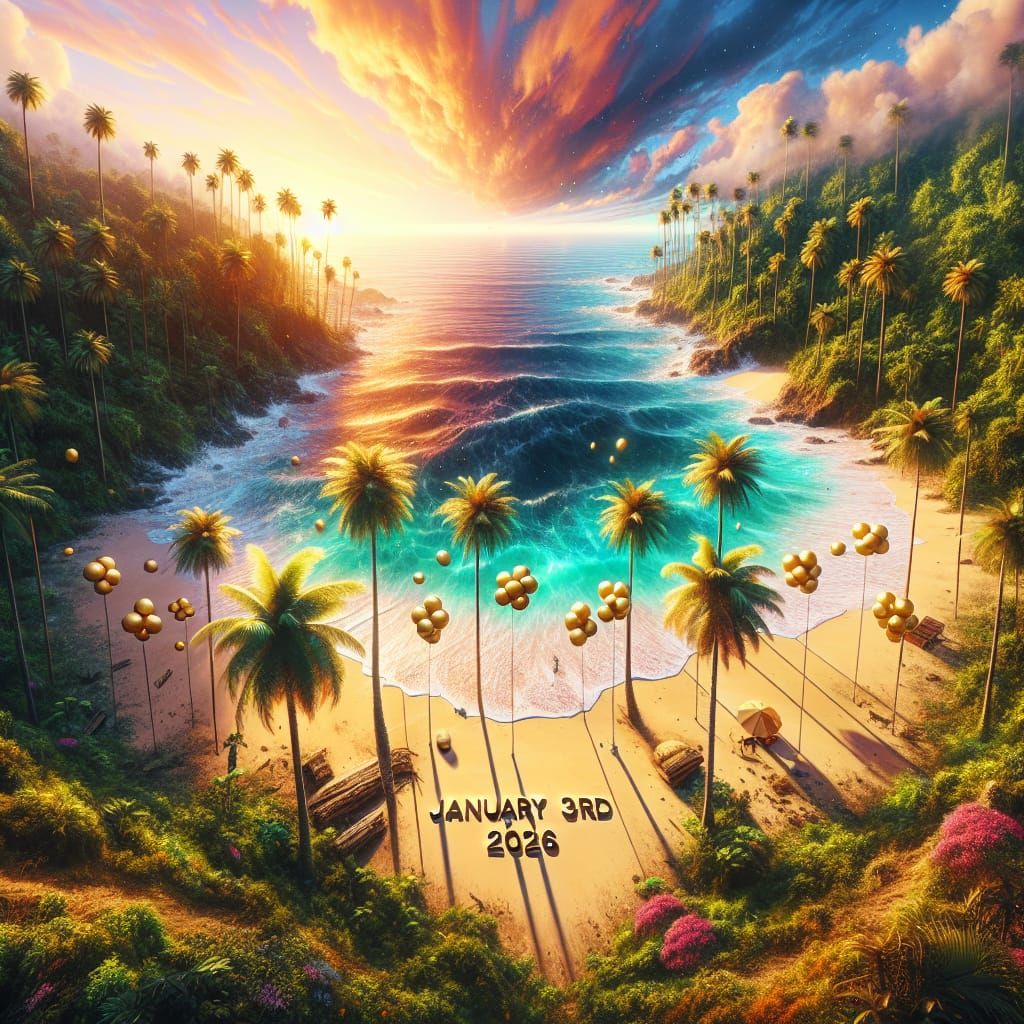 Tropical Beach Scene with Date, Hyperrealistic Concept Art