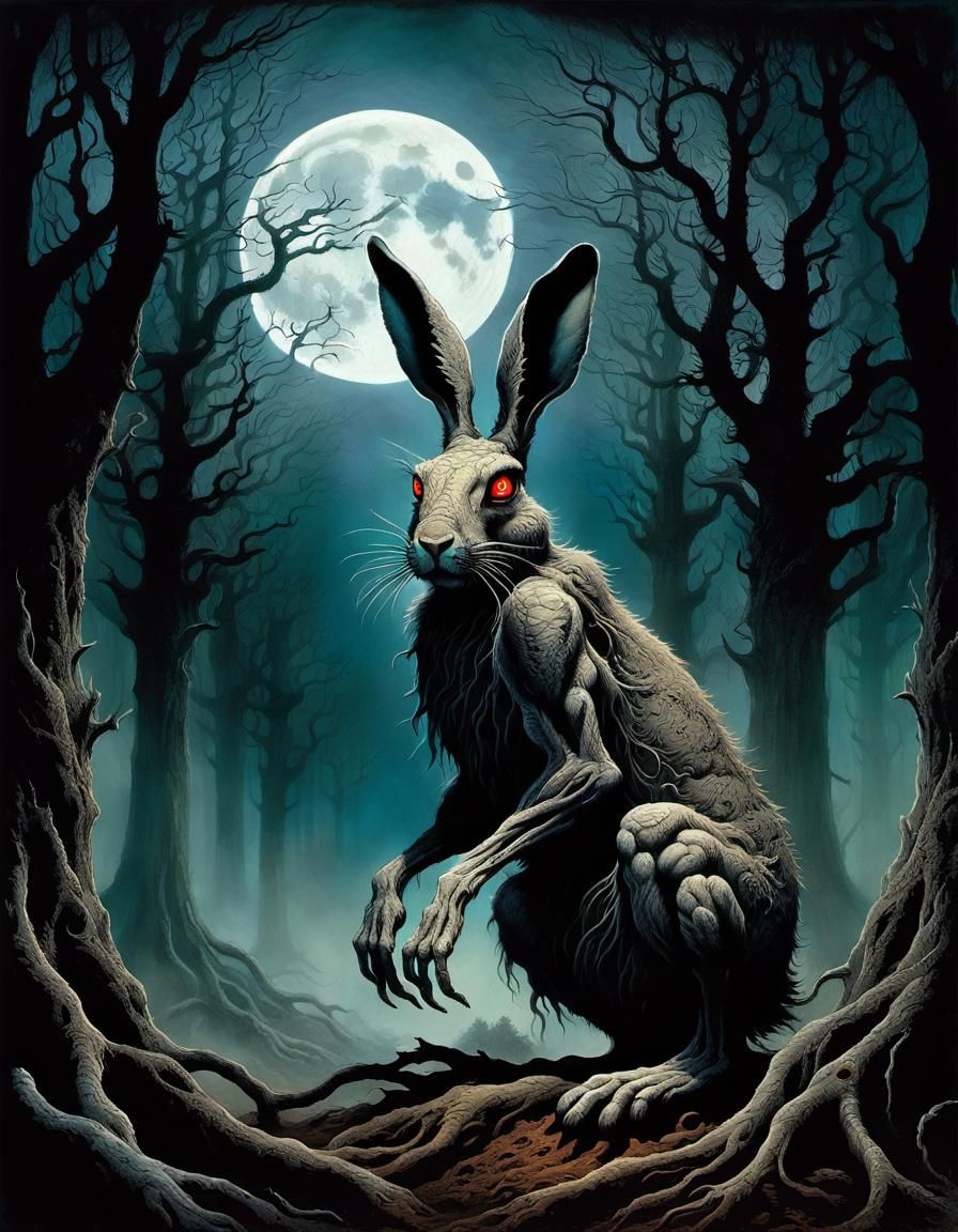 Eerie Giant Hare Lurking in Dark Fantasy Forest