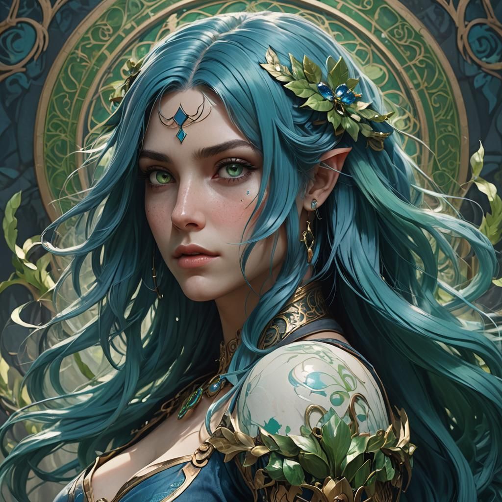 Blue-Haired Lamia Portrait in Art Nouveau Style