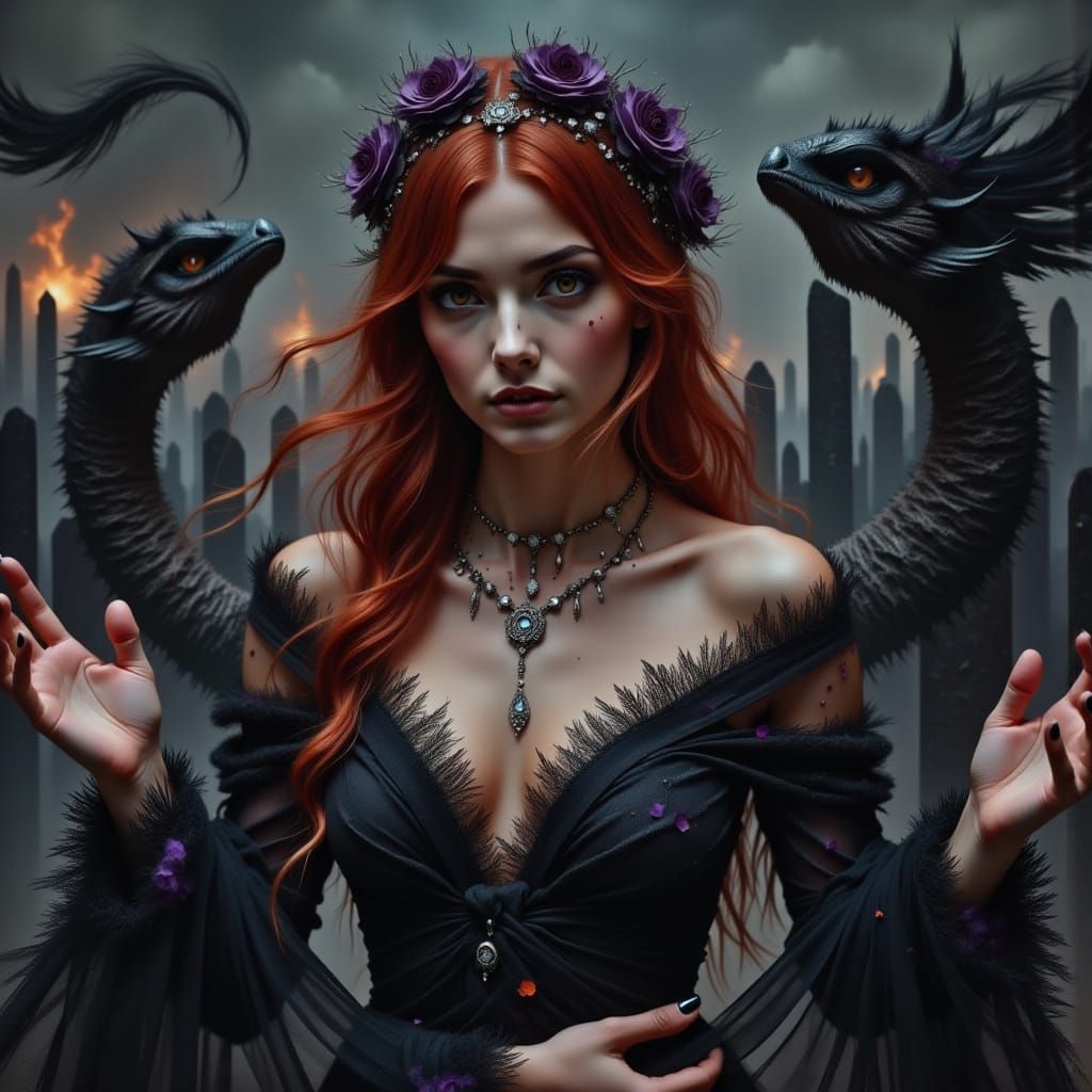 Cyberpunk Witch Casting Spell in Neon Landscape