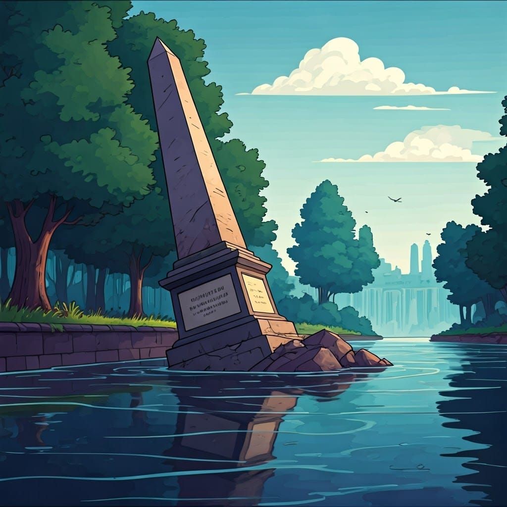 Cartoon Obelisk Monument Fallen By River
