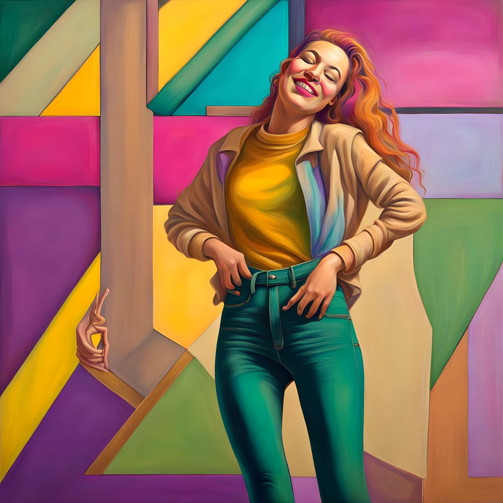 Surrealistic Portrait of a Smiling Woman in Vibrant Colors