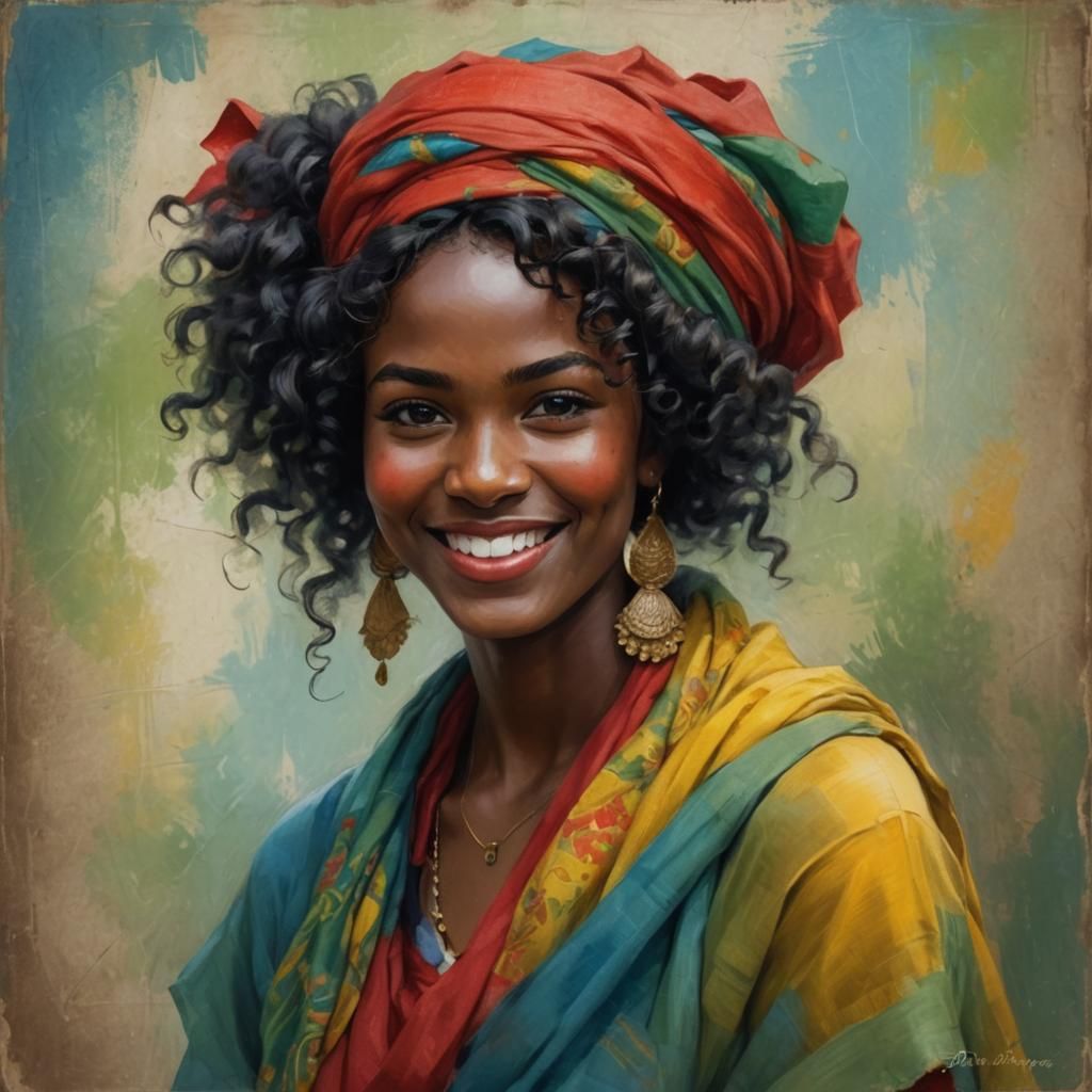 Smiling Woman with Headscarf and Banner