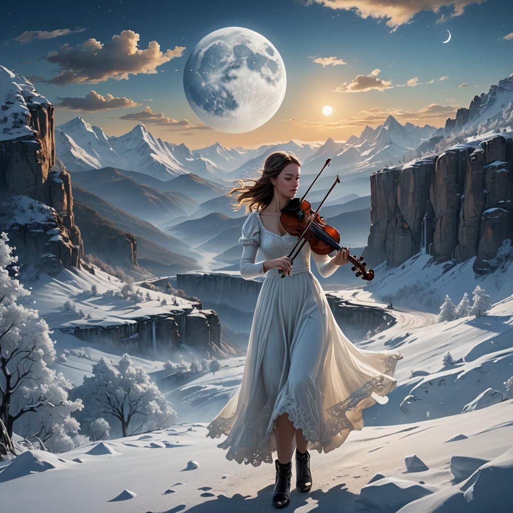 Girl Plays Violin on Snowy Road: Fantasy Art