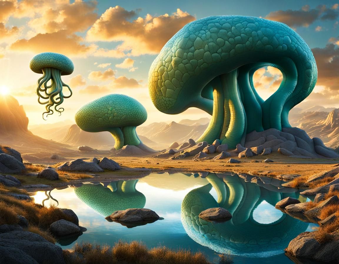 Surreal Alien Landscape with Tentacle Creatures