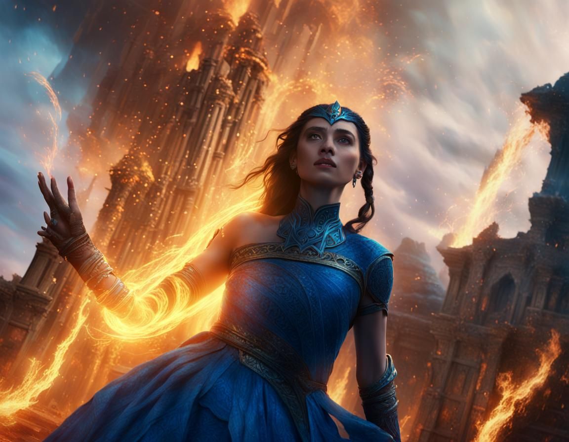 Woman Firebending Blue Flames in Mystical Ruins