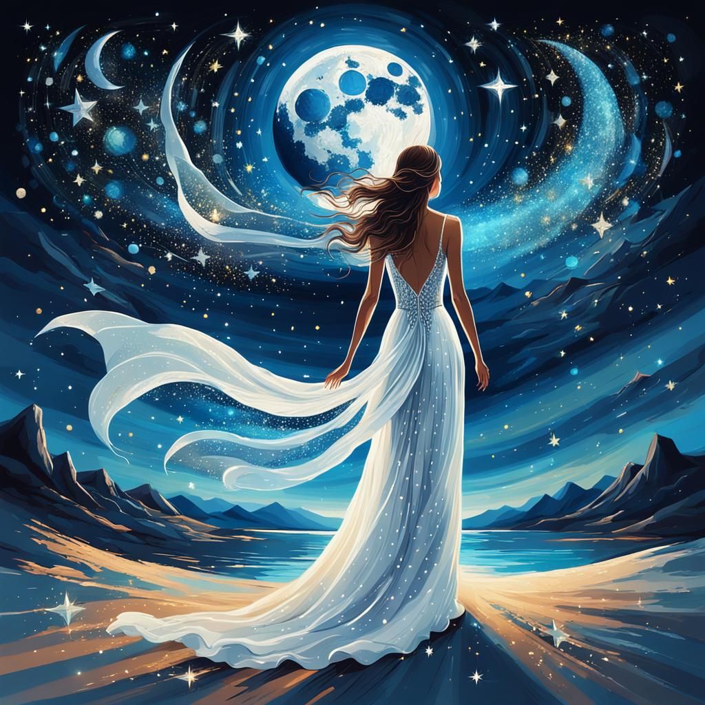 Celestial Woman Walking Under a Starry Night Sky