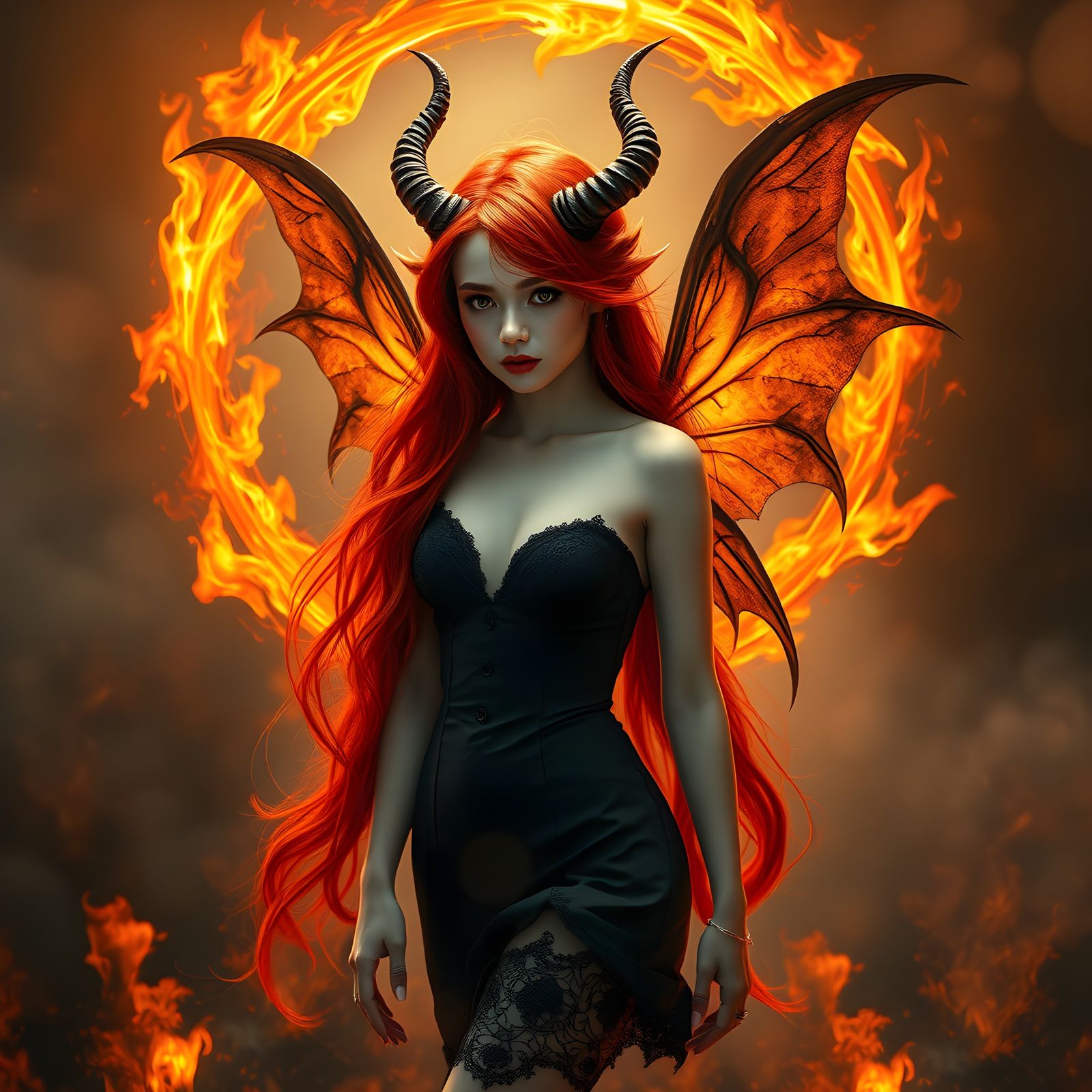 Dark Fairy with Devil Wings in Circle of Fire