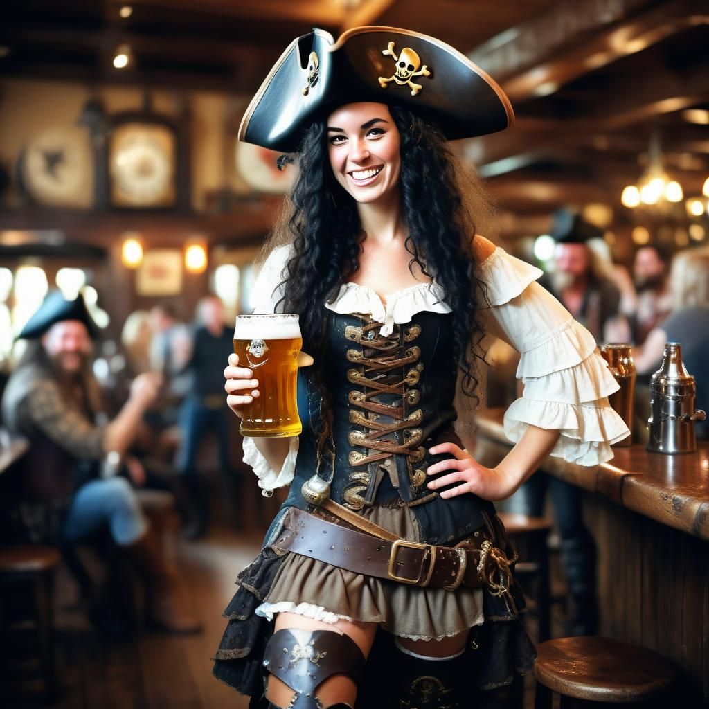 Female Pirate in Pub with Sword and Beer