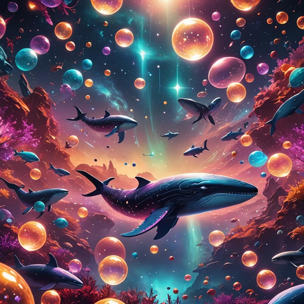 Cosmic Space Whales in Neon Celestial Vista