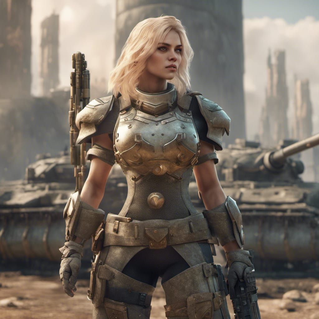 Fantasy Woman Soldier on Battlefield in 3D Style