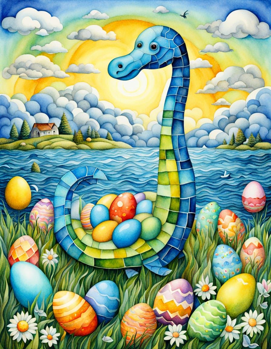 Cubist Easter Scene with Iridescent Colors and Happy Animals