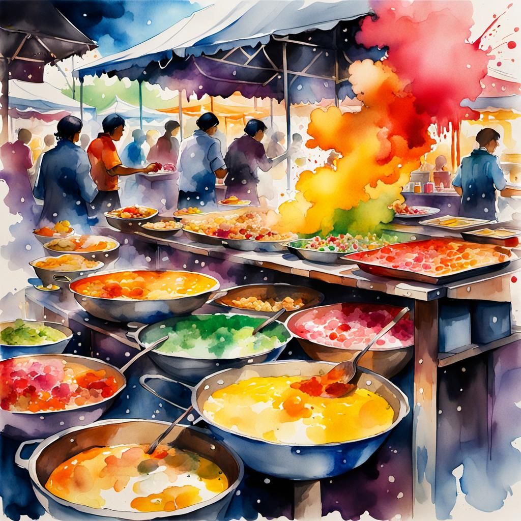 Vibrant Food Stall in Watercolour Ink Splatter Style