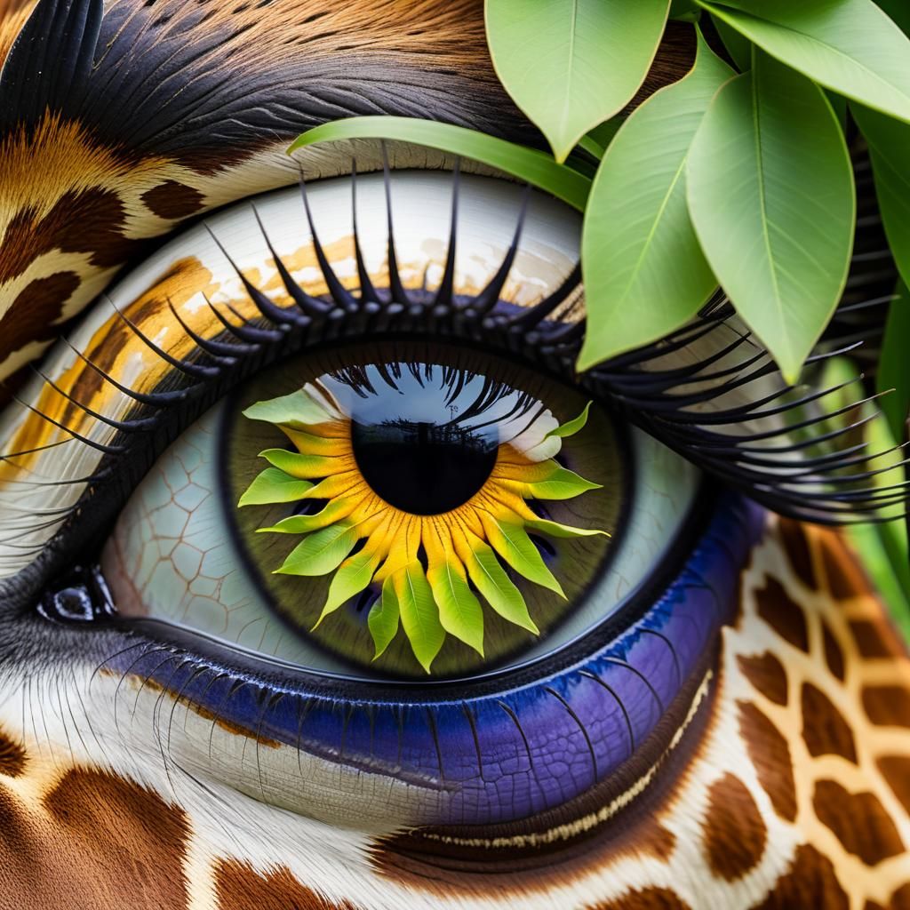 Giraffe Eye with Swirling Leaves in Iris
