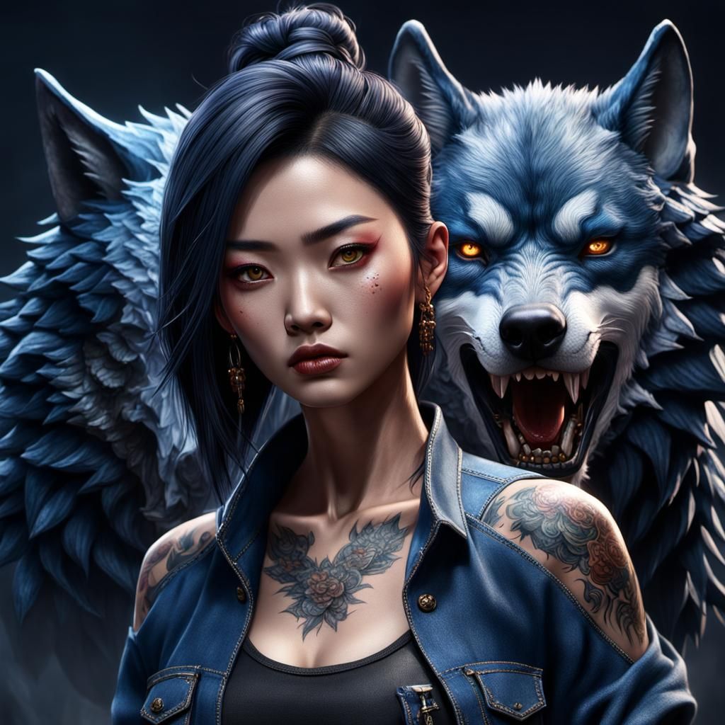 Hyperrealistic Tattooed Girl with Wolf Cut in 8K