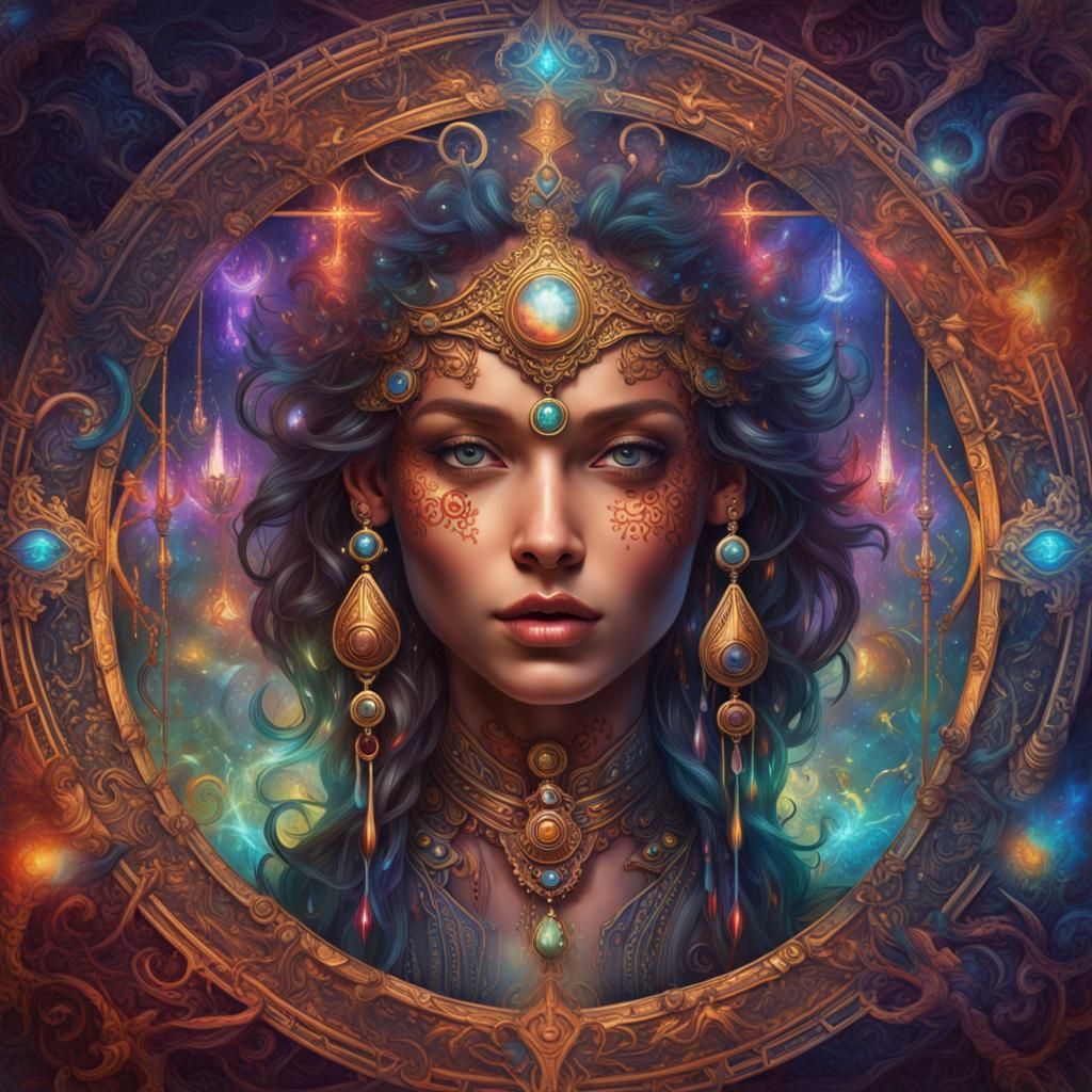 Cosmic Tales Card: Vibrant Digital Art Portrait