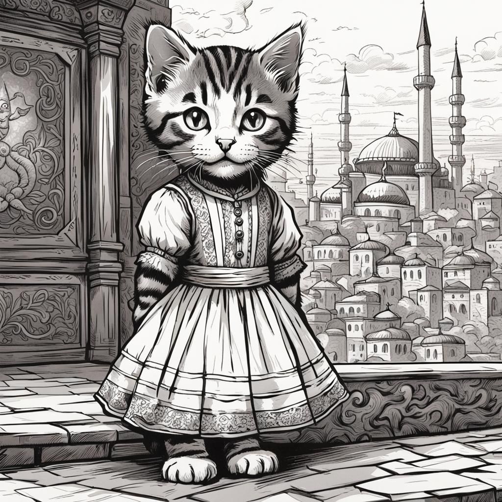 Kitten Visits Istanbul: Black and White Drawing