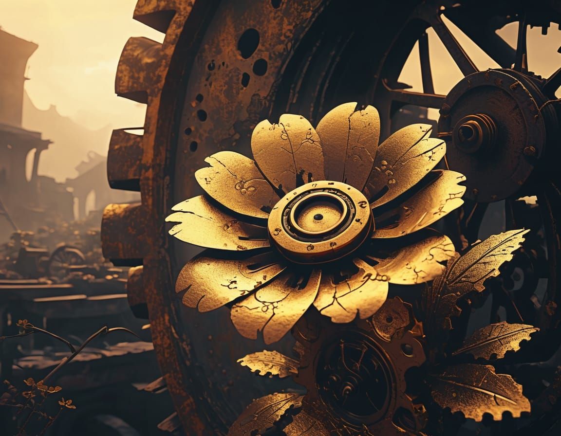 A flower blooms in ruins.