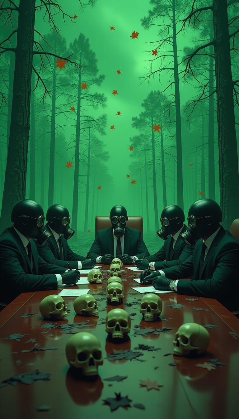 Dystopian Boardroom: Eco-Friendly Lies in a Dying World