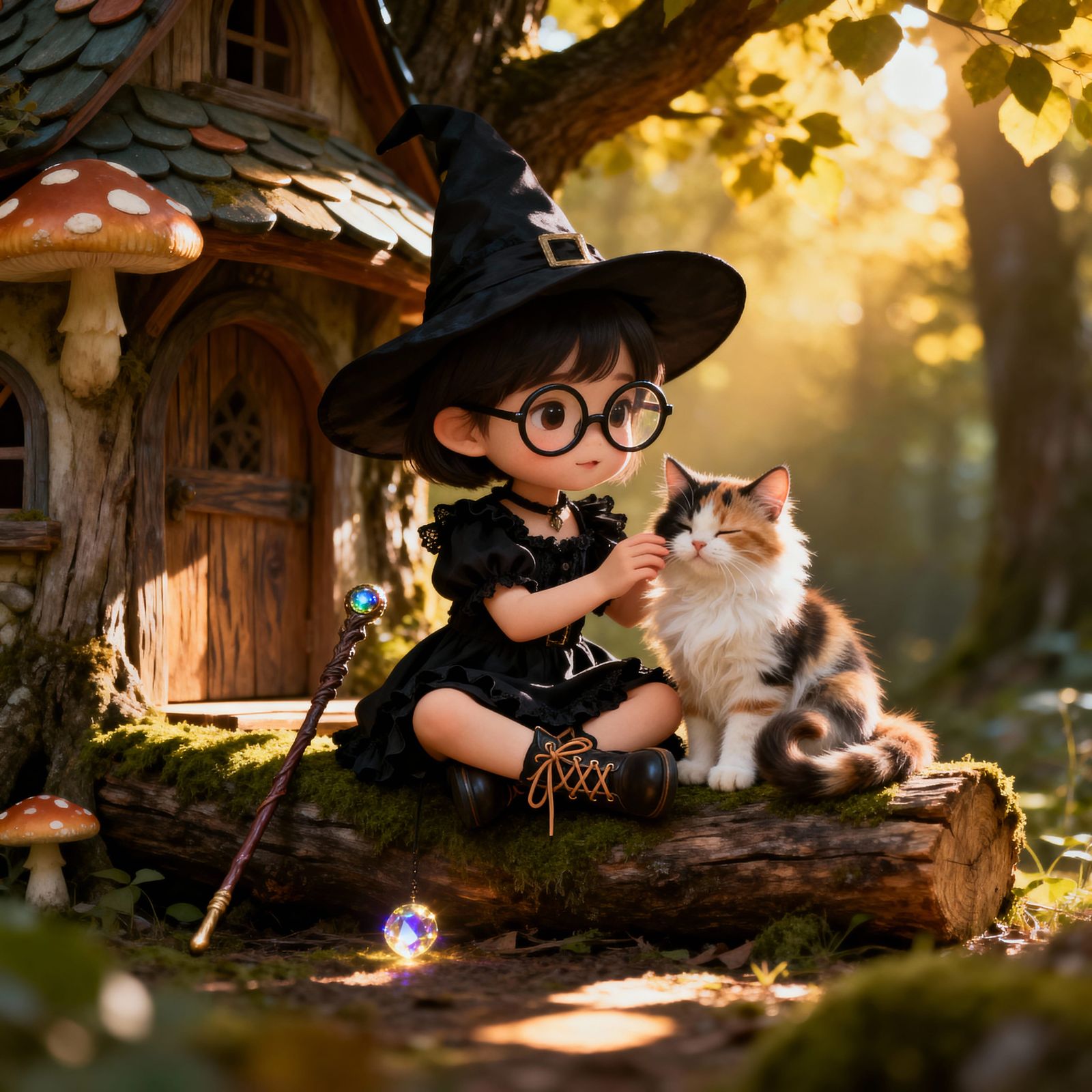 Chibi Witch and Cat Relaxing in Sunny Treehouse