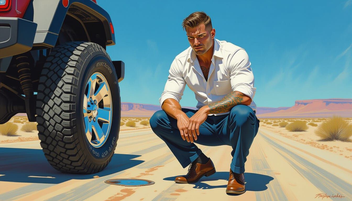 Man Changing Tire in Desert, Oil Painting Style