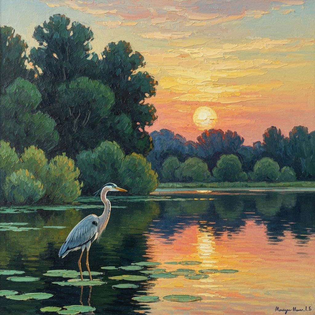 Heron at Sunset in Impasto Oil Painting Style