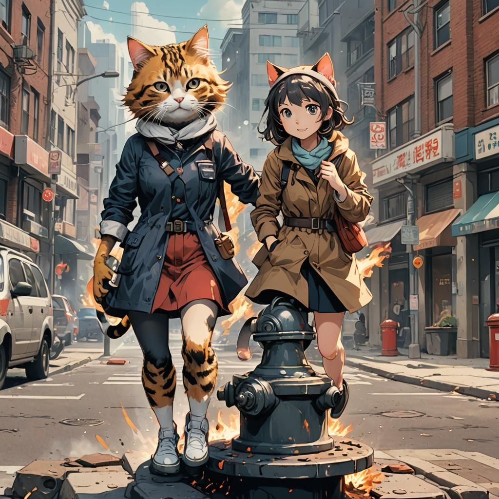 Woman and Cat: Cel-Shaded Anime Style