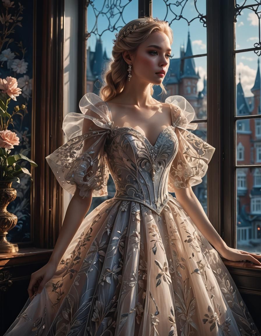 Woman in Tulle Dress, Realistic Fashion Art