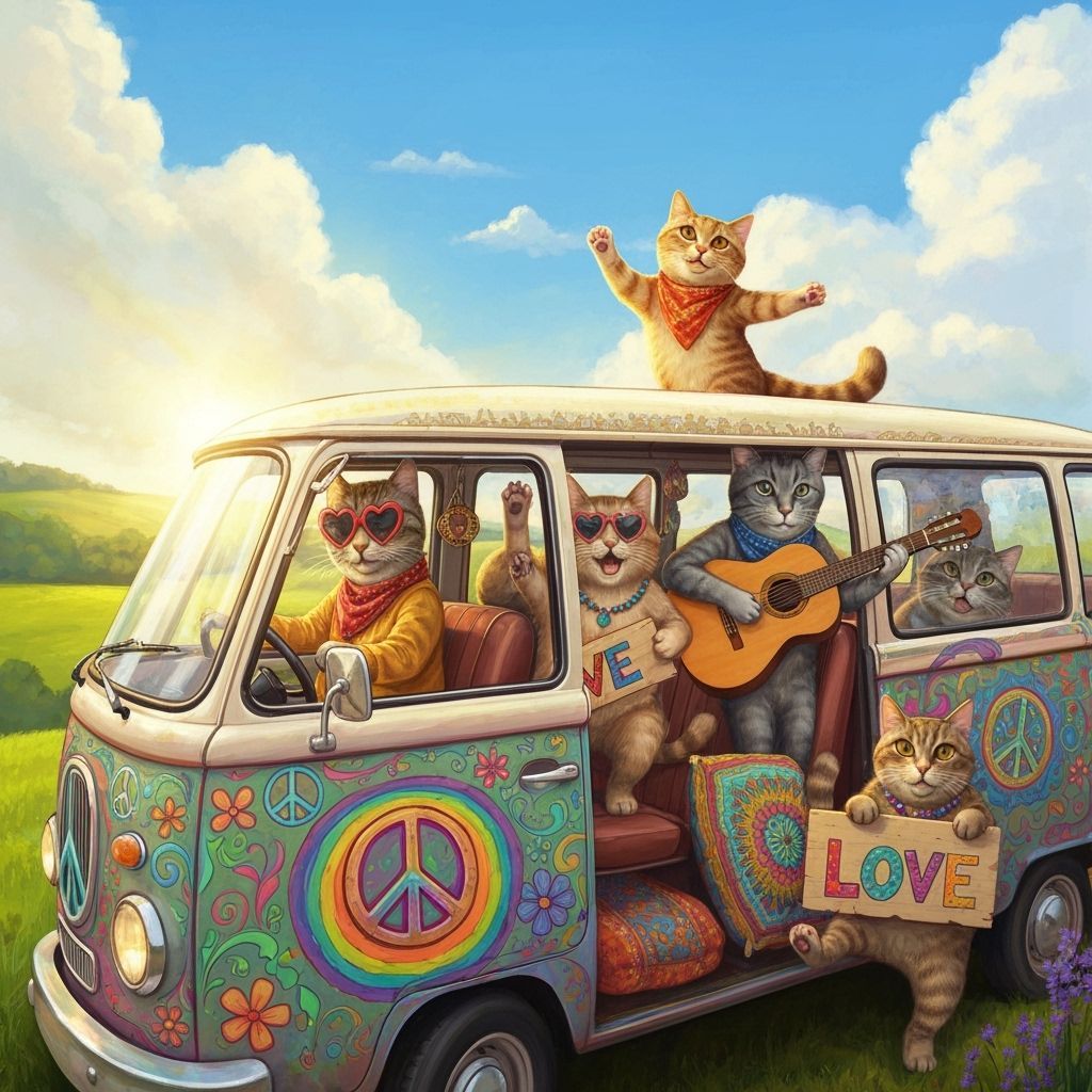 Psychedelic Cat Van Spreading Love in Groovy Style