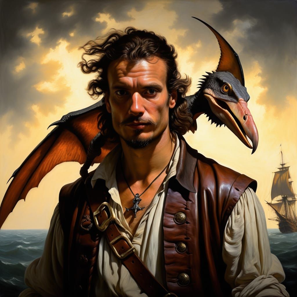 Pterodactyl on Pirate Shoulder, Masterpiece Oil Painting