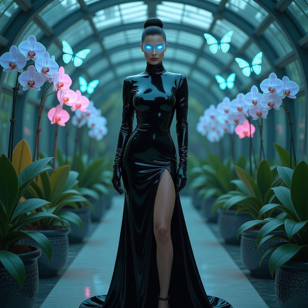Cyberpunk Woman in Bioluminescent Greenhouse