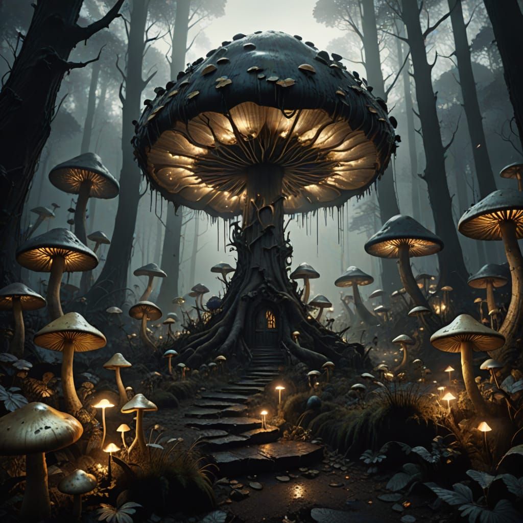 Eerie Mushroom City in Dark Fantasy Style